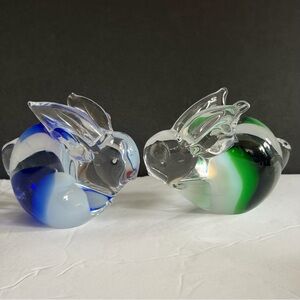 Set of 2 Glass Rabbit Figurines - Blue and Green Hand Blowing Art Glass